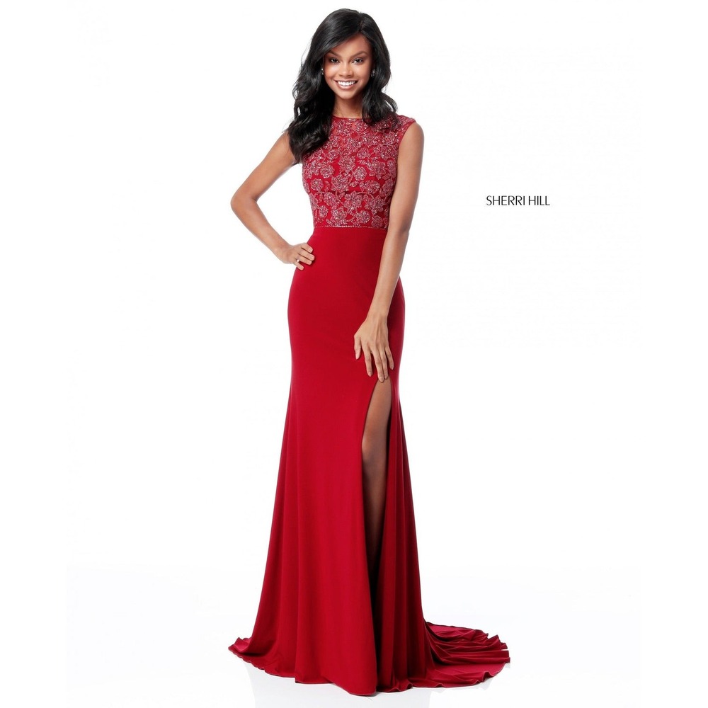 Sherri Hill 51692 Burgundy Fitted Jersey Gown Beaded Bodice Formal Dress Size 6